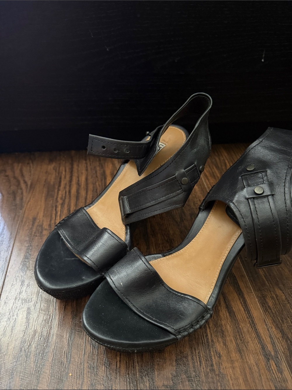 UGG Black Leather Ankle-Strap Open-Toe Heels